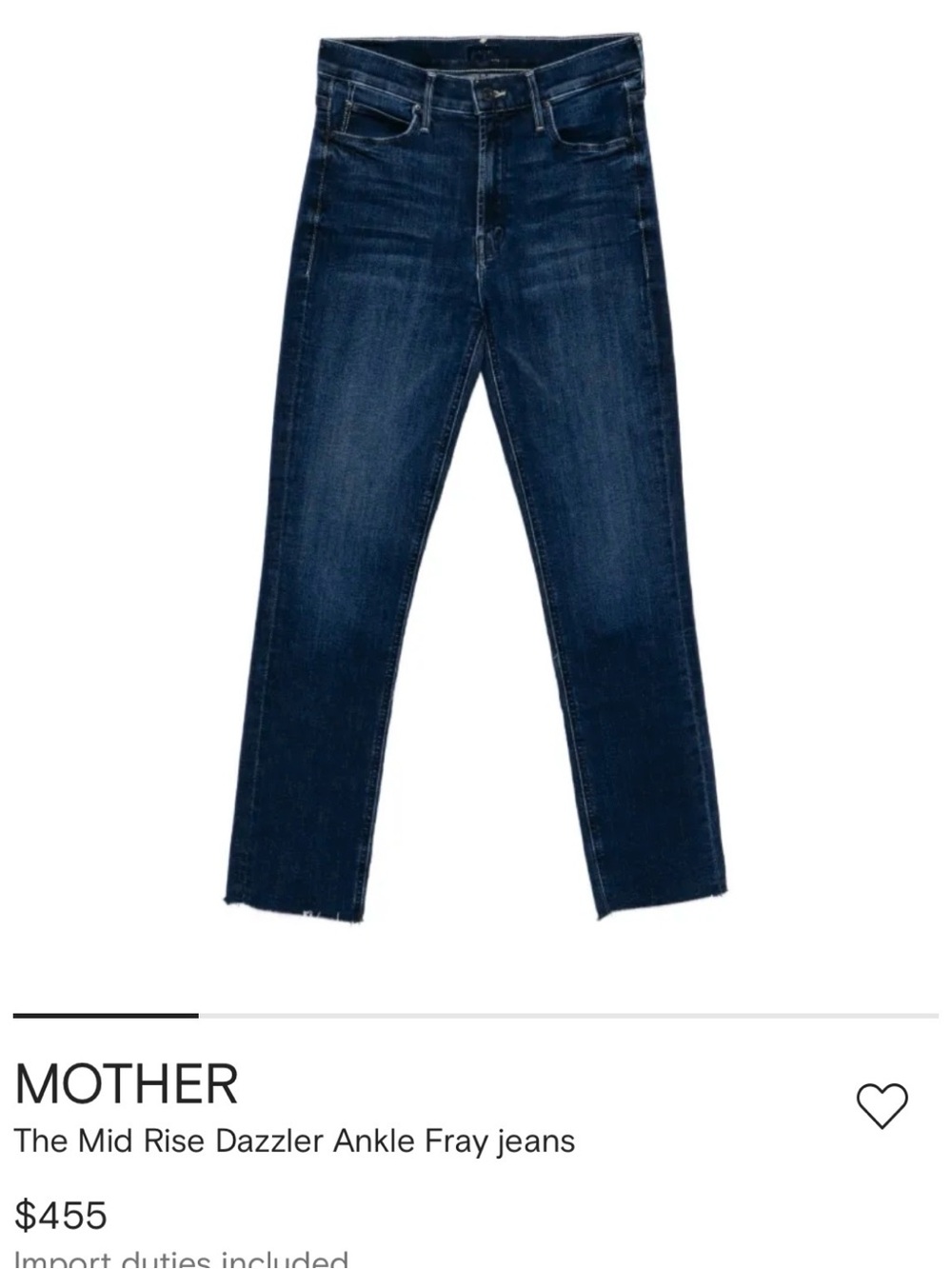 MOTHER The Mid Rise Dazzler Ankle Fray Jeans Darker Wash Raw Hem size 31